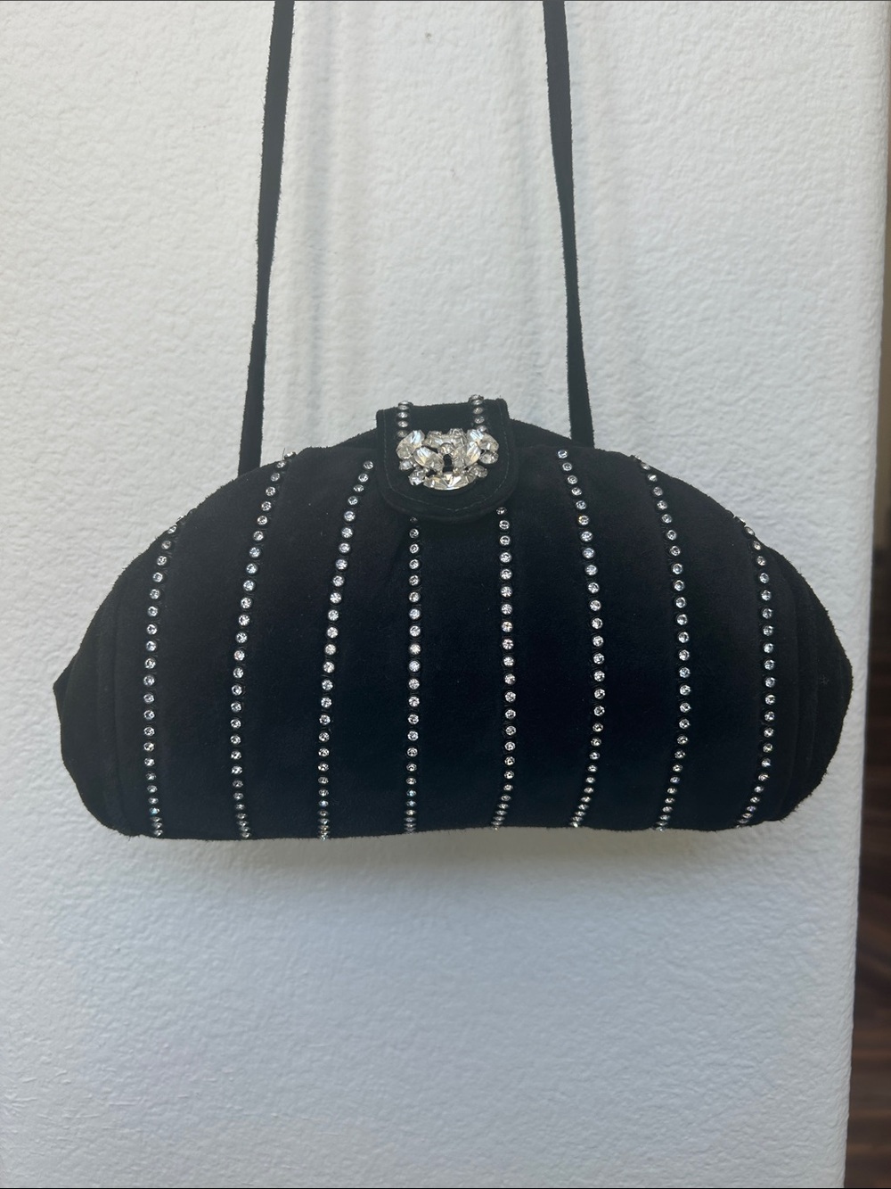 Maresse Handbags - Black Suede Rhinestone-Striped Evening Wristlet Clutch